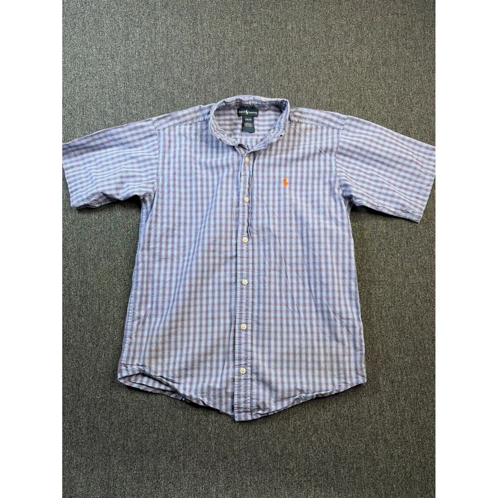 Ralph Lauren Boys Blue Orange Plaid Short Sleeve Button Down Shirt Size L 16/18